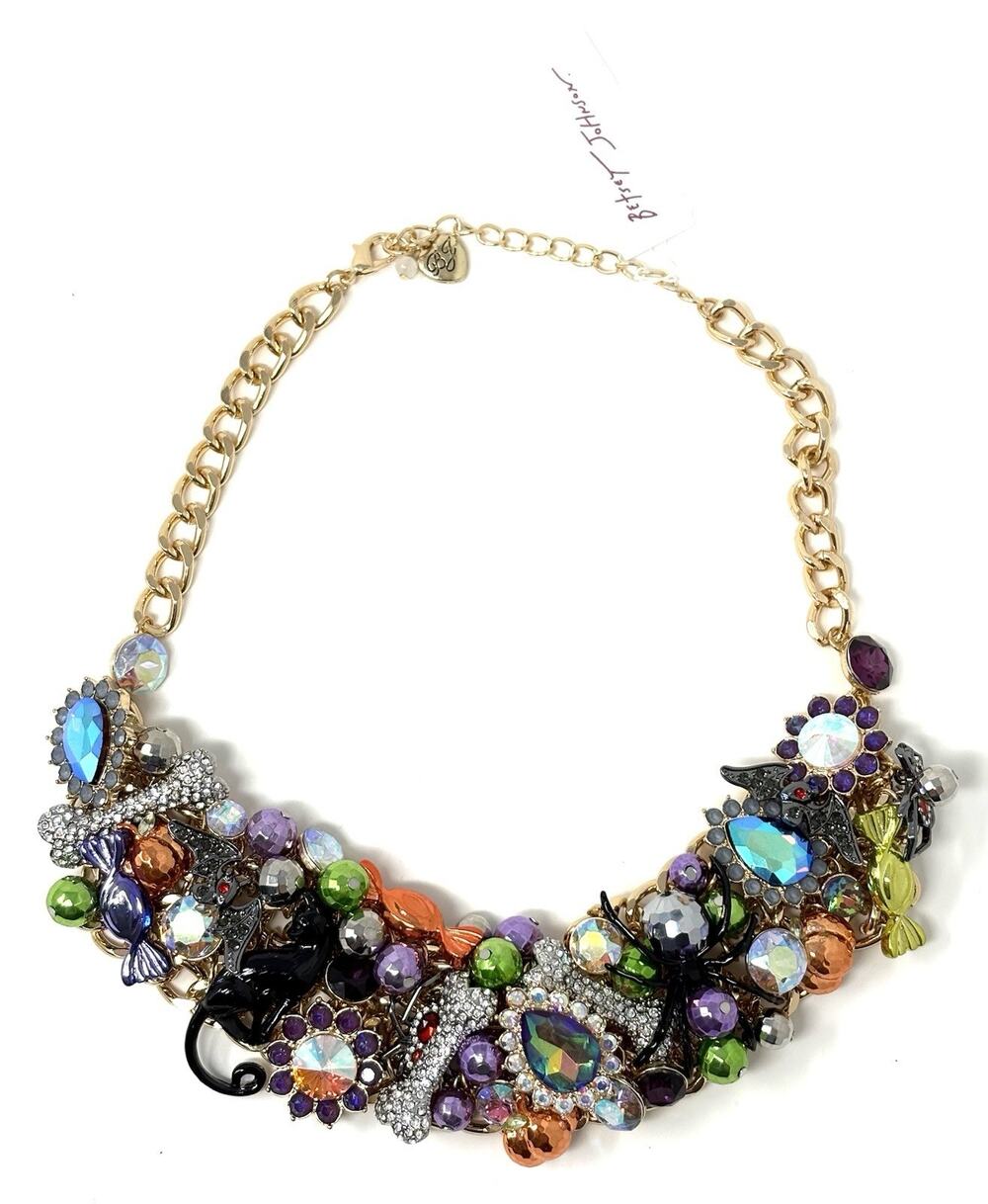 Betsey Johnson Halloween Statement Necklace Black Cat Spider Bat Candy Bones Bib